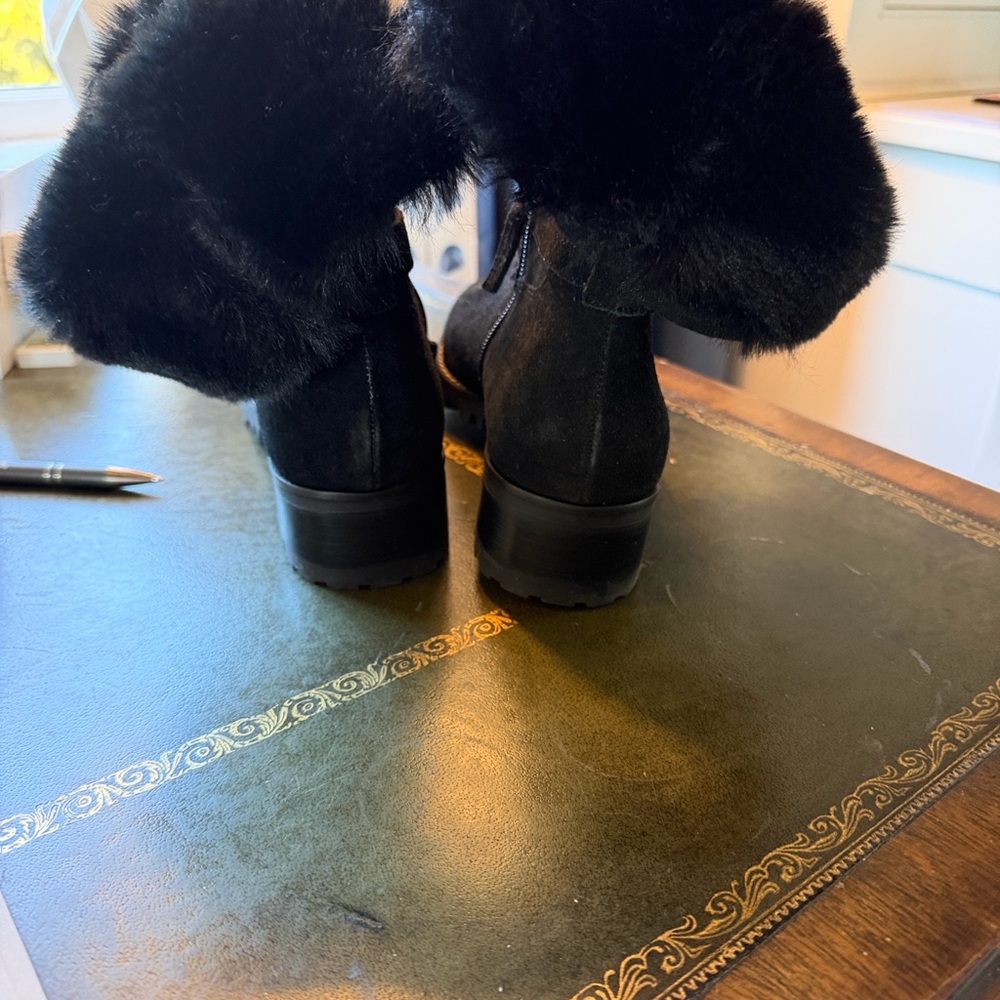 Ann Taylor Black Suede Faux-Fur Cuff Ankle Boots